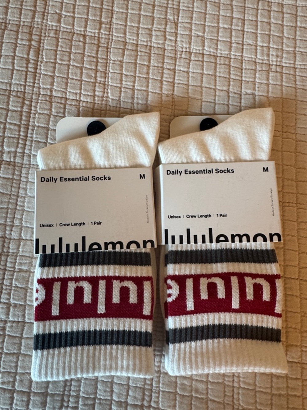Lululemon Women’s athletica Crew Socks in White with Red and Black Stripes